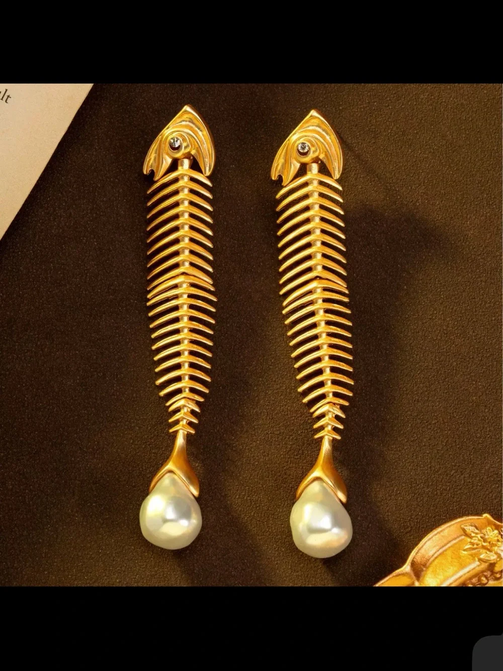 Gold Fishbone Drop Earrings with Pearl Teardrops